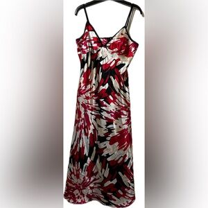 Women’s multicolour floral midi length slip dress. Black lace trim.  Size S